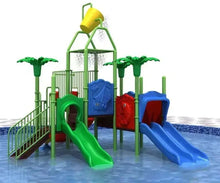 Colorful kids water play structure with green slide, blue slide and splash bucket