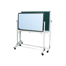 Kids easel-style dry erase board with stand, white writing surface, green frame, wheeled base
