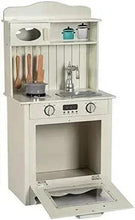 Kids' wooden pretend kitchen, light cream, open drawer, stovetop knobs, utensil shelves, faucet