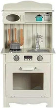 Kids' wooden pretend kitchen, light cream, stovetop with pots, utensil rack, oven door, sink bowl
