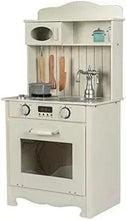 Kids' wooden pretend kitchen, light cream, stove knobs, oven door, faucet and tools