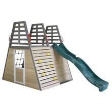 Wooden play structure with front door, ladder panels, and teal slide