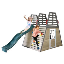 Outdoor playset with climbing platforms, ramp steps, and teal slide