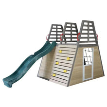 Kids slide and climbing playset with three side panels and beige ramp steps