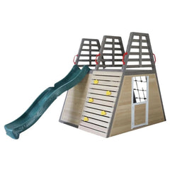 Huitich kids wooden playhouse with slide featuring climbing wall and open play area for outdoor fun