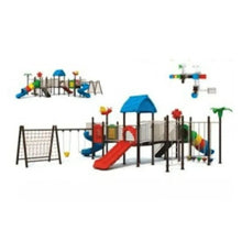 Outdoor playground set with swings, red slide, climbing nets, and tunnel
