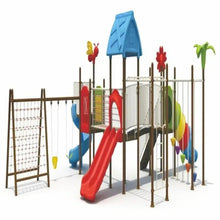 Outdoor playground set with tall fence, red slide, blue roof, and climbing panels