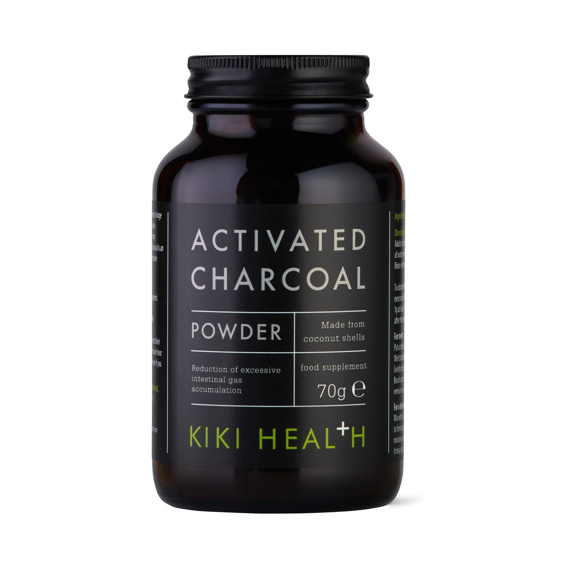 Glass jar of KIKI Health activated charcoal powder 70g made from coconut shells Kiki Health activated charcoal UAE
