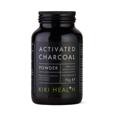 Glass jar of KIKI Health activated charcoal powder 70g made from coconut shells Kiki Health activated charcoal UAE