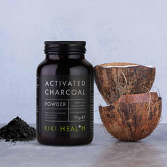 Kiki Health activated charcoal UAE jar of activated charcoal powder 70g with coconut shells and powder