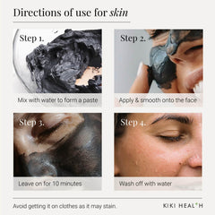 Kiki Health activated charcoal UAE facial mask directions showing mixing applying 10 minute leave on and washing off with water