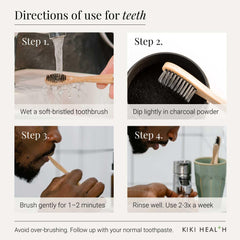 Kiki Health activated charcoal UAE directions for teeth showing wet toothbrush, dip in powder, brush 1 to 2 minutes, rinse