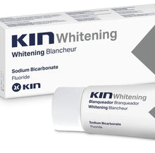 Whitening toothpaste box and tube with Kin Whitening text and sodium bicarbonate