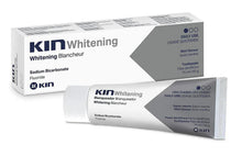Whitening toothpaste box and tube, white with blue Kin Whitening branding