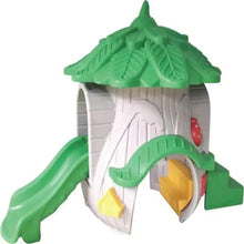 Plastic playhouse climbing slide with green roof and slide, colorful side panels
