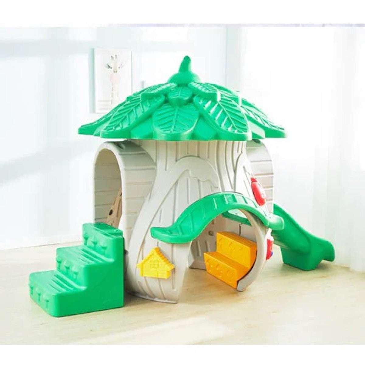 Huitich kindergarten plastic slide integrated with a playhouse and climbing steps for outdoor play