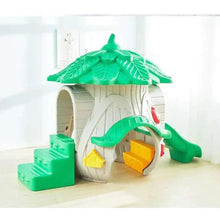 Plastic playhouse climbing slide with green roof, steps, and yellow window openings