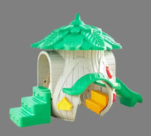 Plastic playhouse climbing slide toy, green roof, side steps, and curved slide