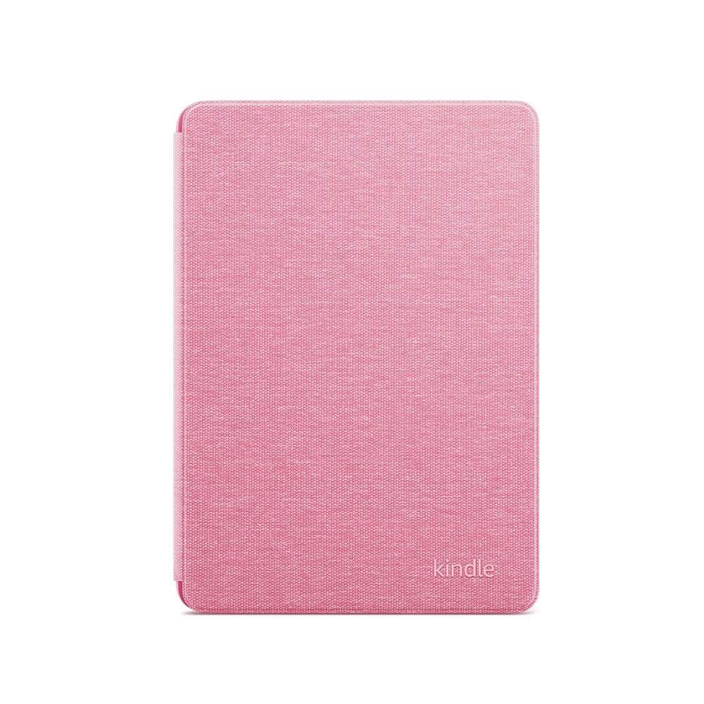 Pink lightweight Kindle protective cover with textured fabric finish and Kindle logo