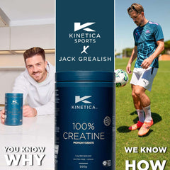 Kinetica Creapure creatine 500g tub featured in ad with athlete training on soccer pitch and kitchen scene