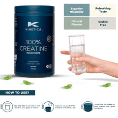 Kinetica Creapure creatine 500g container beside glass of water with usage steps and mixability nutrition callouts