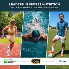 Kinetica Creapure creatine sports nutrition ad showing sprinter swimmer and soccer player with approvals