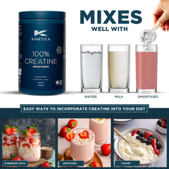 Kinetica Creapure creatine tub with 100 percent creatine next to glasses of water milk smoothie and food ideas