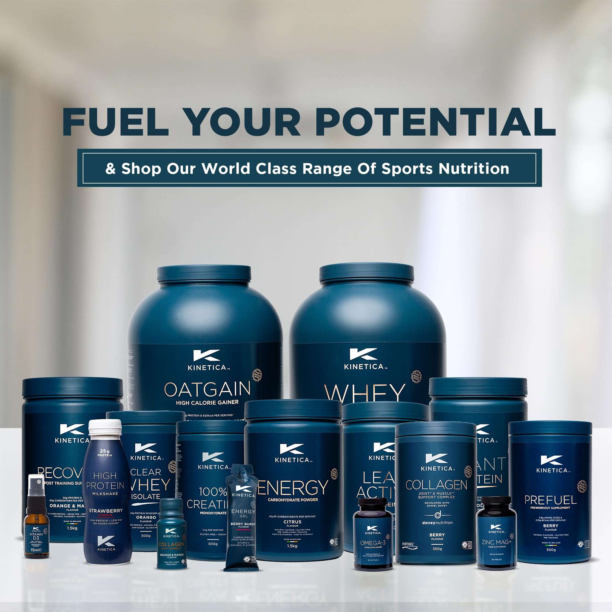 Kinetica Creapure creatine with full Kinetica sports nutrition lineup of blue tubs and bottles
