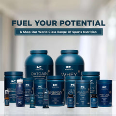 Kinetica Creapure creatine with full Kinetica sports nutrition lineup of blue tubs and bottles