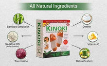 Kinoki cleansing detox foot pads infographic with ingredient icons and detox arrows