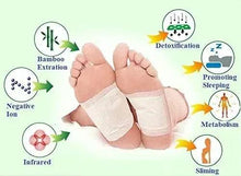Foot detox pads on feet with bamboo, negative ion, and detox icons
