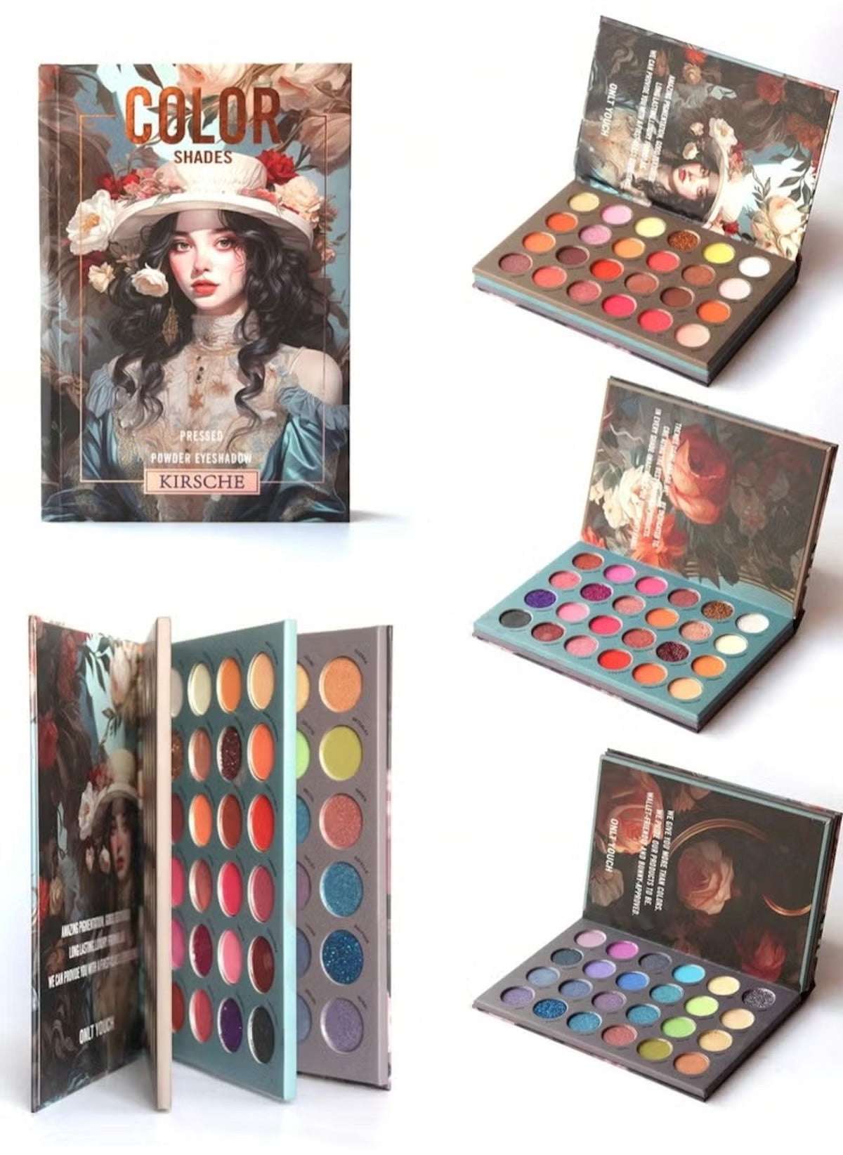 Huitich book style eyeshadow palette with multiple vibrant and neutral color shades in artistic packaging
