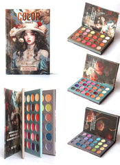 Huitich book style eyeshadow palette with multiple vibrant and neutral color shades in artistic packaging