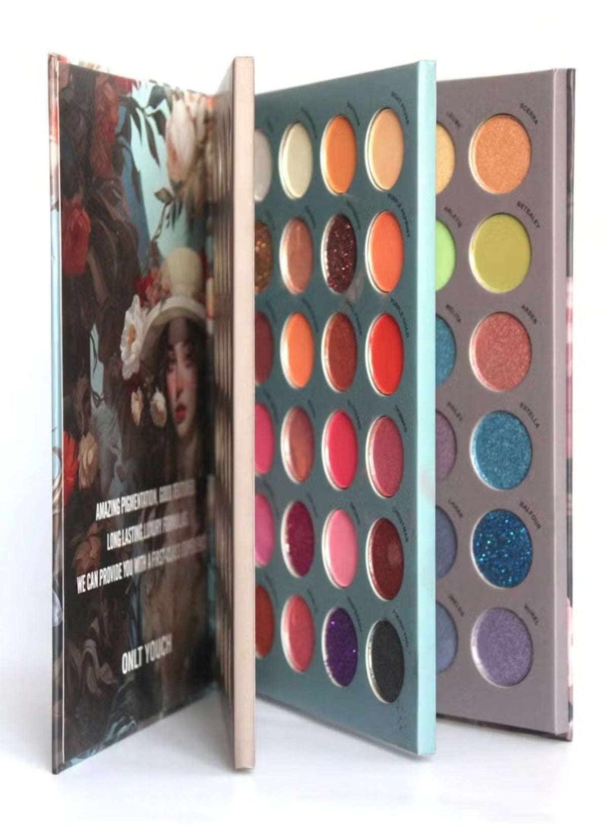 Huitich colorful book style eyeshadow palette with multiple vibrant shades and glitter options