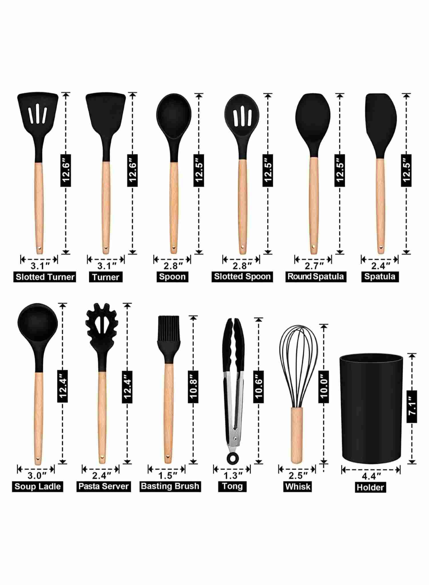 Huitich 12 piece utensil set for kitchens with wooden handles including spatula, spoon, whisk, tongs, and holder