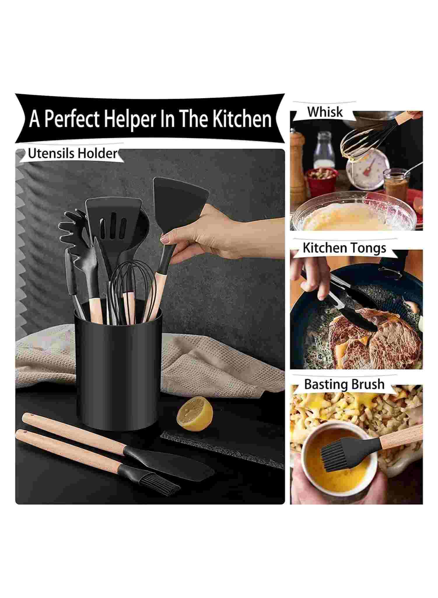 Huitich 12 piece utensil set for kitchens with black utensils holder including whisk, tongs, and basting brush