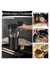 Huitich 12 piece utensil set for kitchens with black utensils holder including whisk, tongs, and basting brush