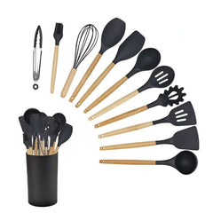 Huitich 12 piece utensil set for kitchens with black silicone heads and wooden handles including tongs and whisk