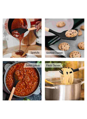Huitich 12 piece utensil set for kitchens with spatula, slotted turner, solid spoon, and pasta server in use