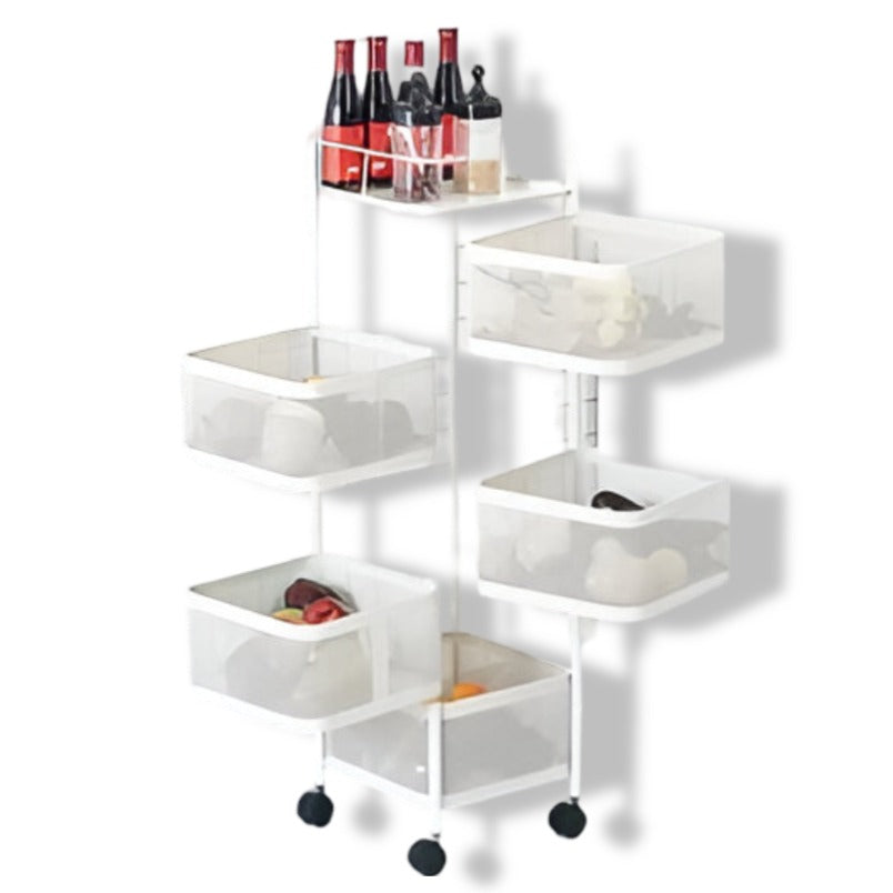 Huitich kitchen and bathroom rolling cart with multiple white mesh baskets and top shelf for bottles