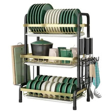 3-tier dish rack set with green and cream plate holders, black frame, utensil stand
