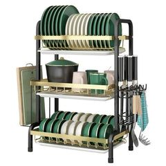 Huitich kitchen drain bowl and rack set with three tiers holding green and white dishes and utensils