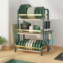 3-tier kitchen dish organizer with stacked plate racks, green/cream plates, utensil holder