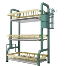3-tier kitchen dish rack with green frame, wire tiers, and utensil holders