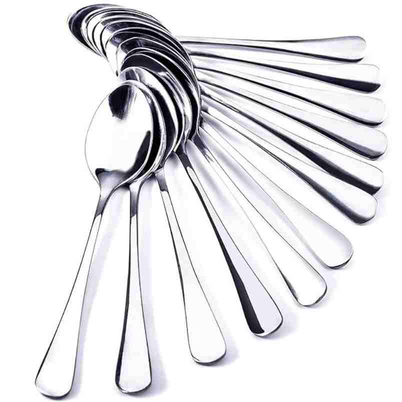 Set of 12 silver stainless steel dinner spoons set with 16 cm length arranged in a fan shape