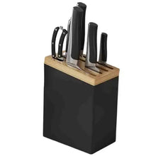 Stainless steel knife rack with black block and wooden top, holds five knives