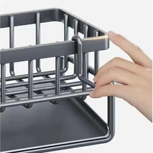 Stainless steel sink rack with front bar and side divider rails for drying