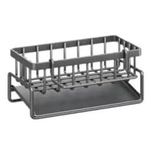 Stainless steel sink organizer rack with wire grid shelf and utensil hooks