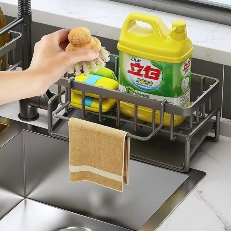 Huitich stainless steel sink organizer holding cleaning sponges and detergent with towel rack