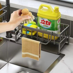 Huitich stainless steel sink organizer holding cleaning sponges and detergent with towel rack